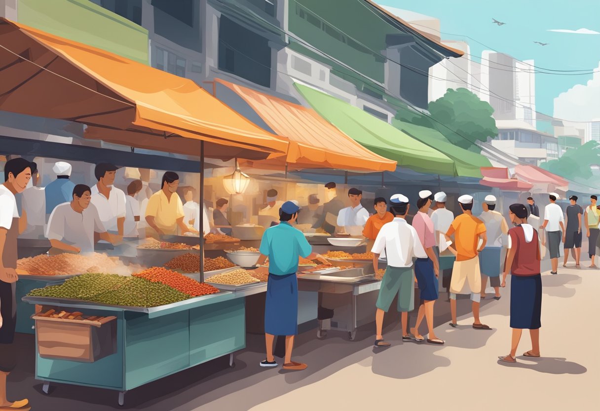 Vibrant street food stalls line the bustling streets of Padang, Singapore, as the aroma of spices and sizzling meats fills the air