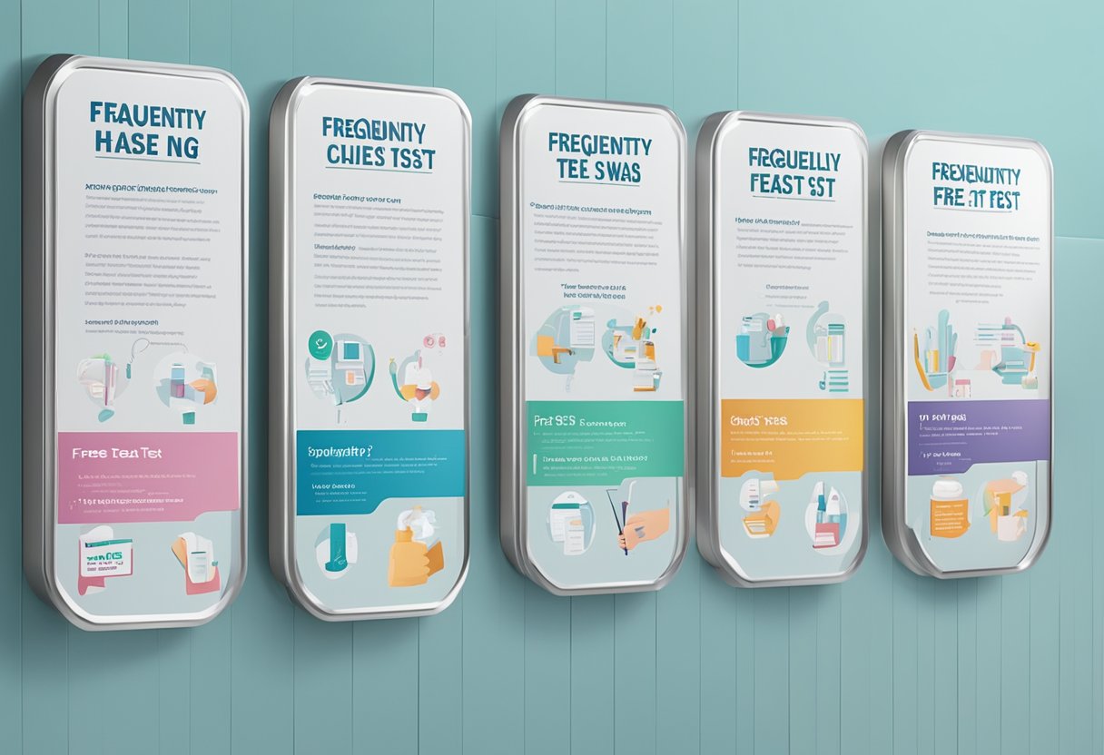 A row of clinic signs with "Frequently Asked Questions free swab test singapore" displayed prominently