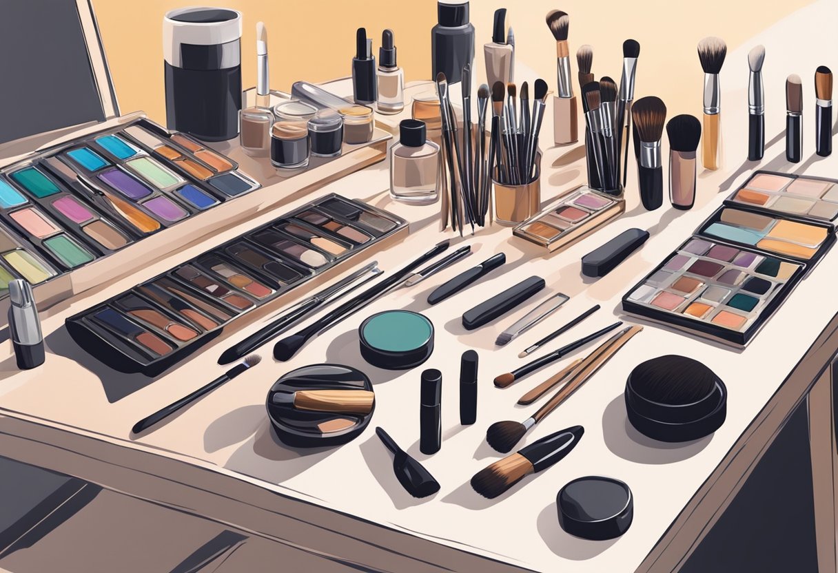 A makeup artist carefully selects and arranges brushes, palettes, and tools on a clean, organized table in preparation for a special event