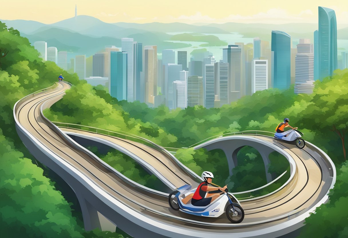 People riding luges down winding tracks at Skyline Luge Singapore. Lush greenery and city skyline in the background. Exciting and scenic adventure