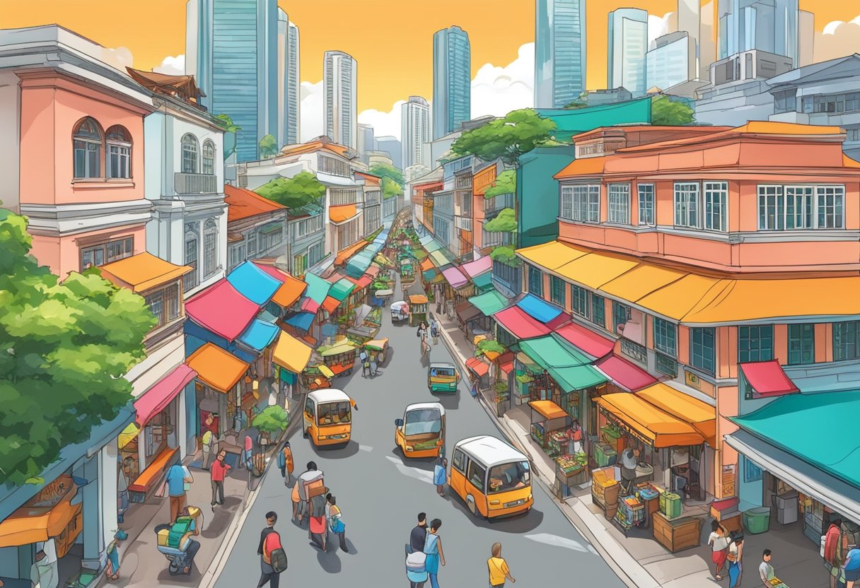 A bustling street in Singapore with colorful buildings and vibrant street vendors