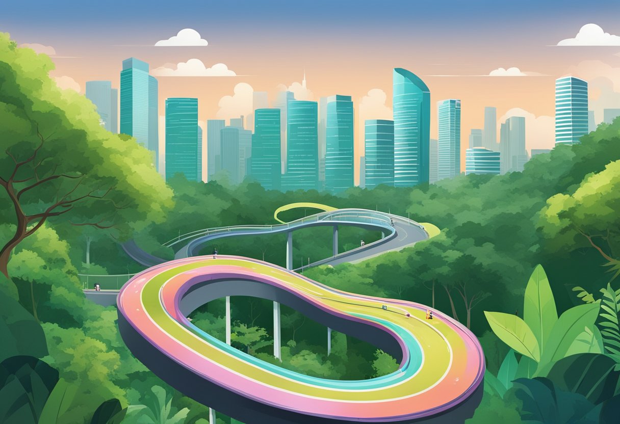 A luge track winds through lush greenery, with sleek, curved pathways and vibrant signage indicating the route. The track is surrounded by trees, and the Singapore skyline can be seen in the distance