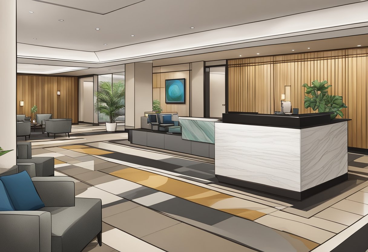 The hotel lobby is adorned with modern furnishings and a sleek reception desk. A sign displays the range of amenities and services offered, including a spa, fitness center, and 24-hour room service
