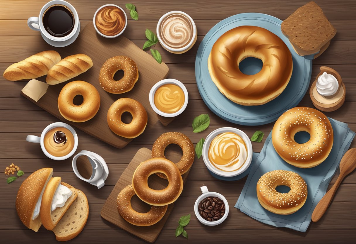 A fresh, golden bagel sits on a rustic wooden table, surrounded by a variety of spreads and toppings. A steaming cup of coffee completes the perfect bagel experience
