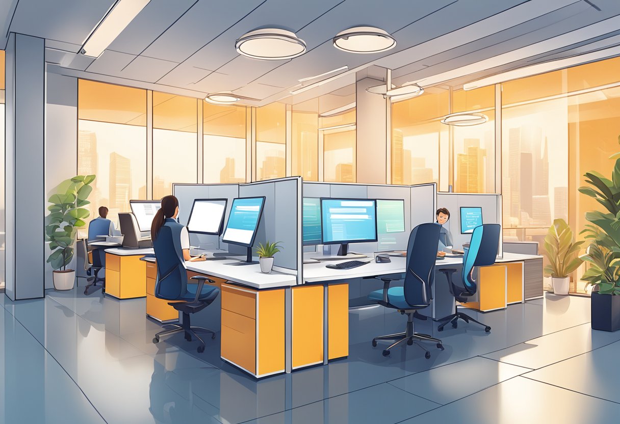 A bright and modern office setting with a customer service desk and a display of frequently asked questions about lighting in Singapore