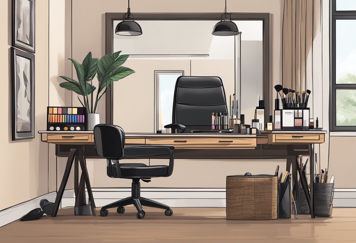 A makeup artist's table with brushes, palettes, and a mirror. A client's chair is in the foreground