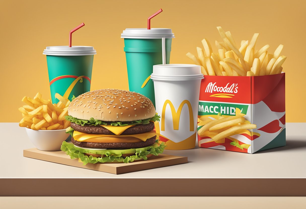 A table set with a Big Mac, fries, and a drink, surrounded by iconic McDonald's packaging and branding
