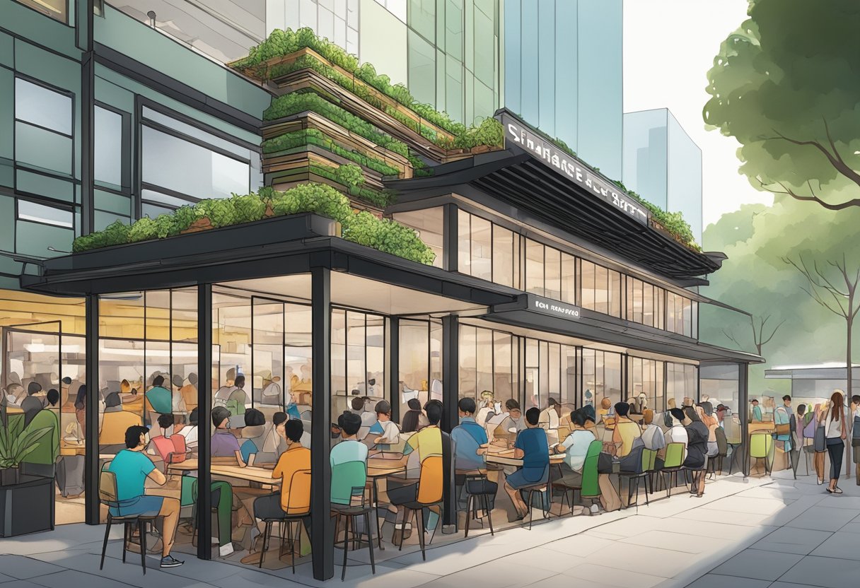 A bustling Shake Shack in Singapore, with colorful outdoor seating, a modern glass facade, and a long line of customers waiting to order