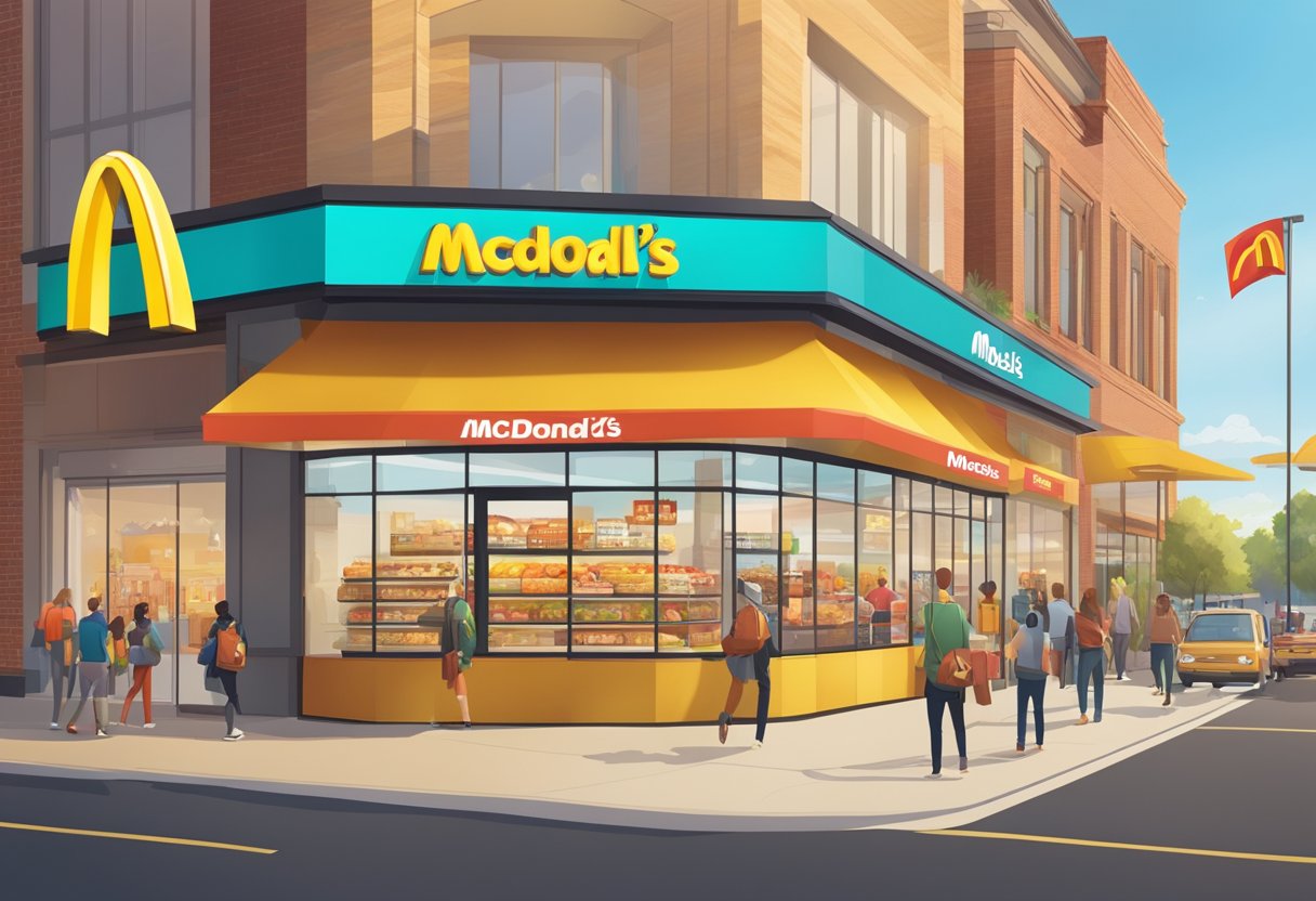 A golden arch sign shines above a bustling McDonald's store, with a digital display showcasing exclusive rewards and deals for customers