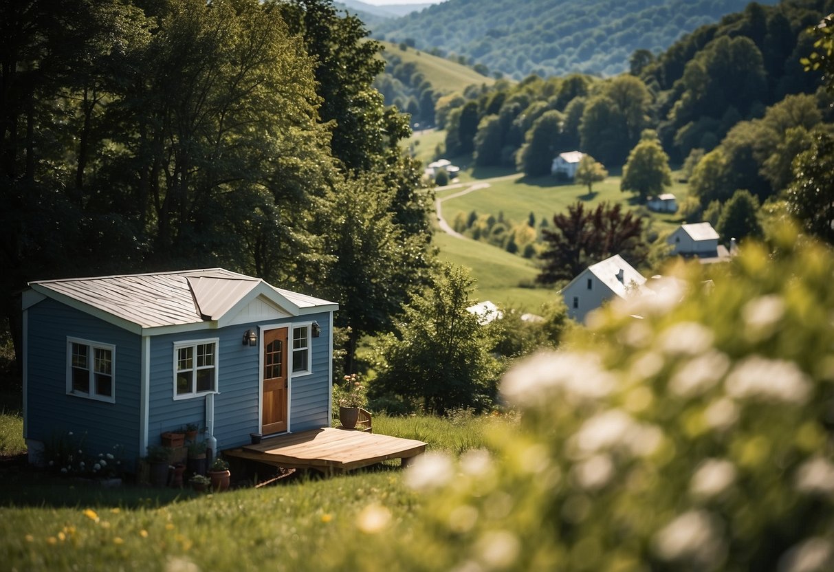 Tiny houses dot a picturesque landscape in New York State, nestled among rolling hills and lush greenery, with clear blue skies overhead