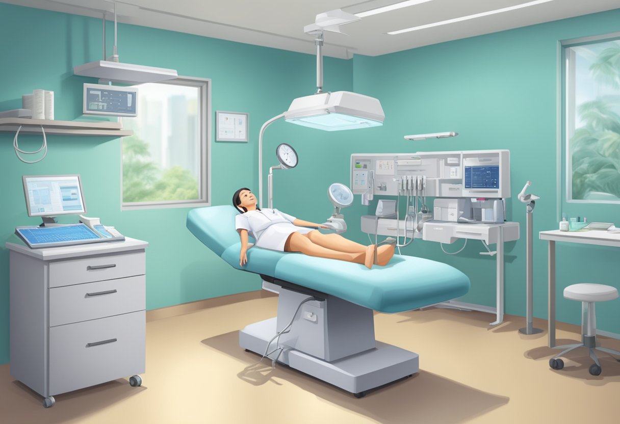 A gynecologist in a Singapore clinic, with medical equipment and a comfortable examination table