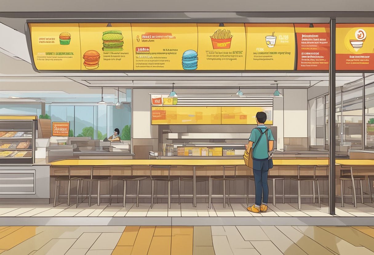 A customer looking at a sign that reads "Frequently Asked Questions" in a McDonald's restaurant in Singapore