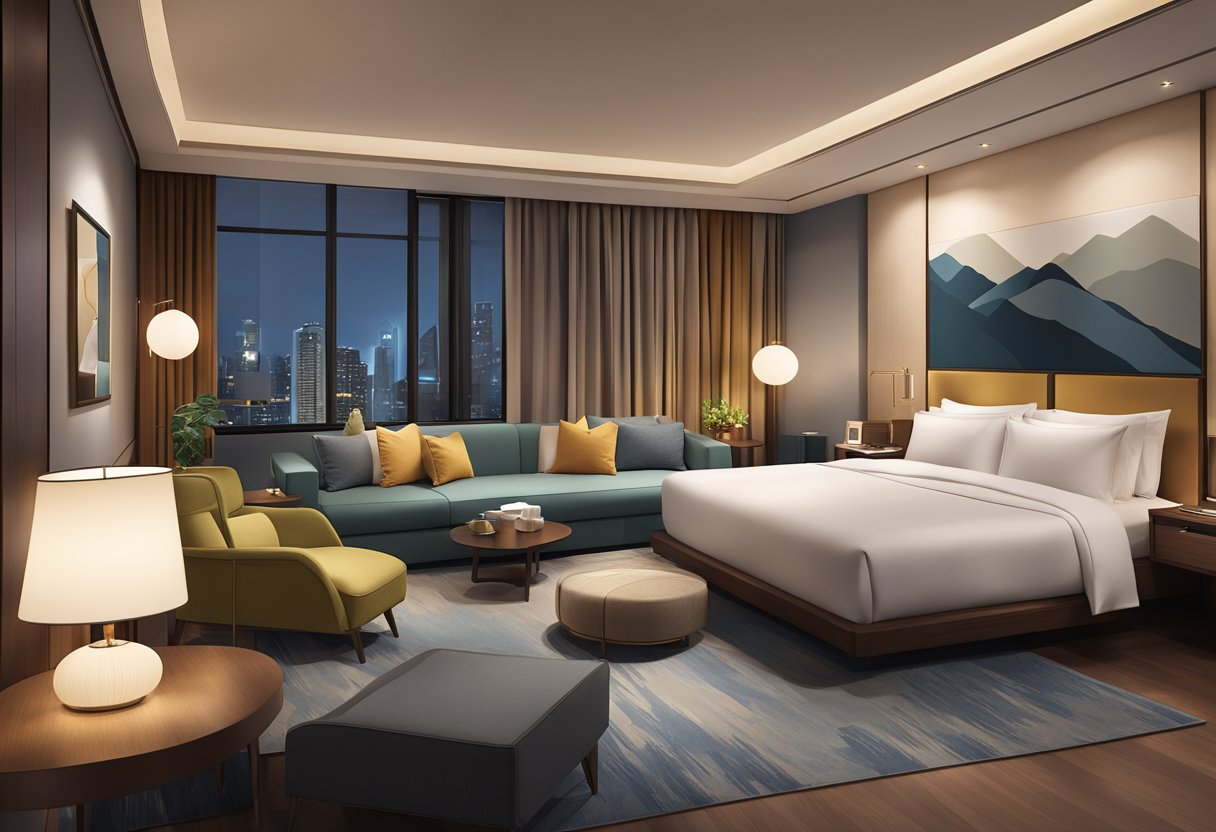 A cozy hotel room at Pullman Singapore Hill Street, with a comfortable bed, soft lighting, and modern furnishings