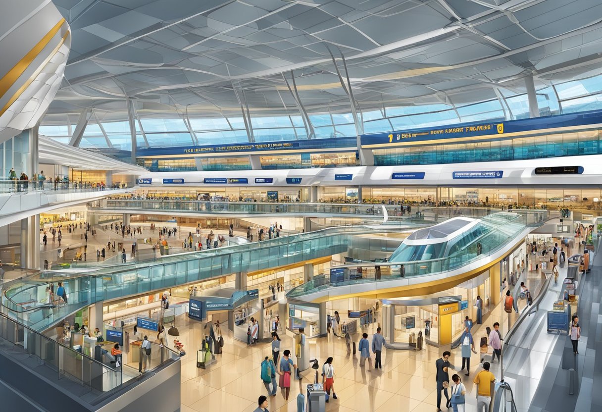 The bustling terminal 3 at Singapore's airport, with the prominent signage for the Frequently Asked Questions ambassador transit hotel, stands out amidst the flow of travelers and airport staff