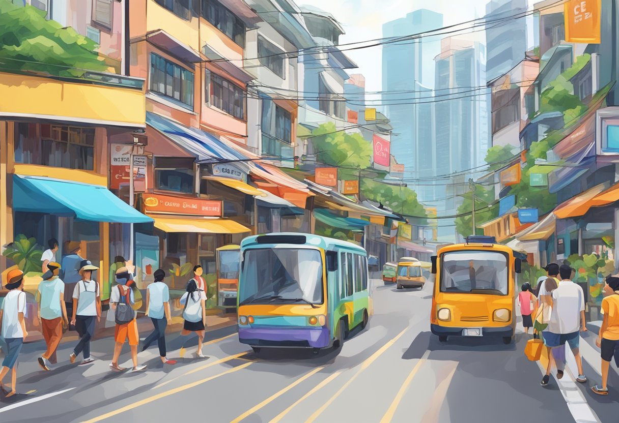 A colorful signboard stands in front of a bustling street in Padang, Singapore, with people walking and cars passing by
