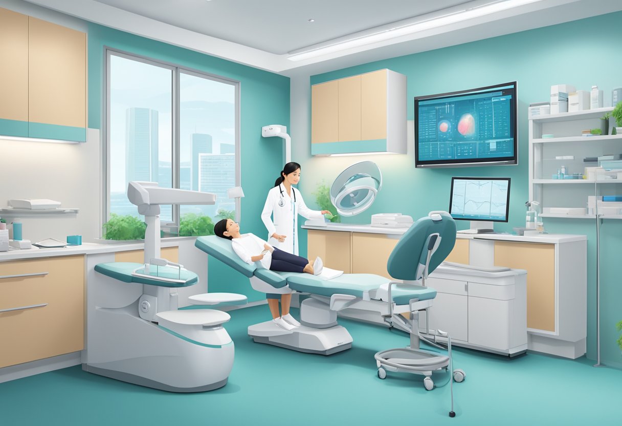 A gynecologist in Singapore performs comprehensive care in a modern clinic setting with state-of-the-art equipment and a calming atmosphere