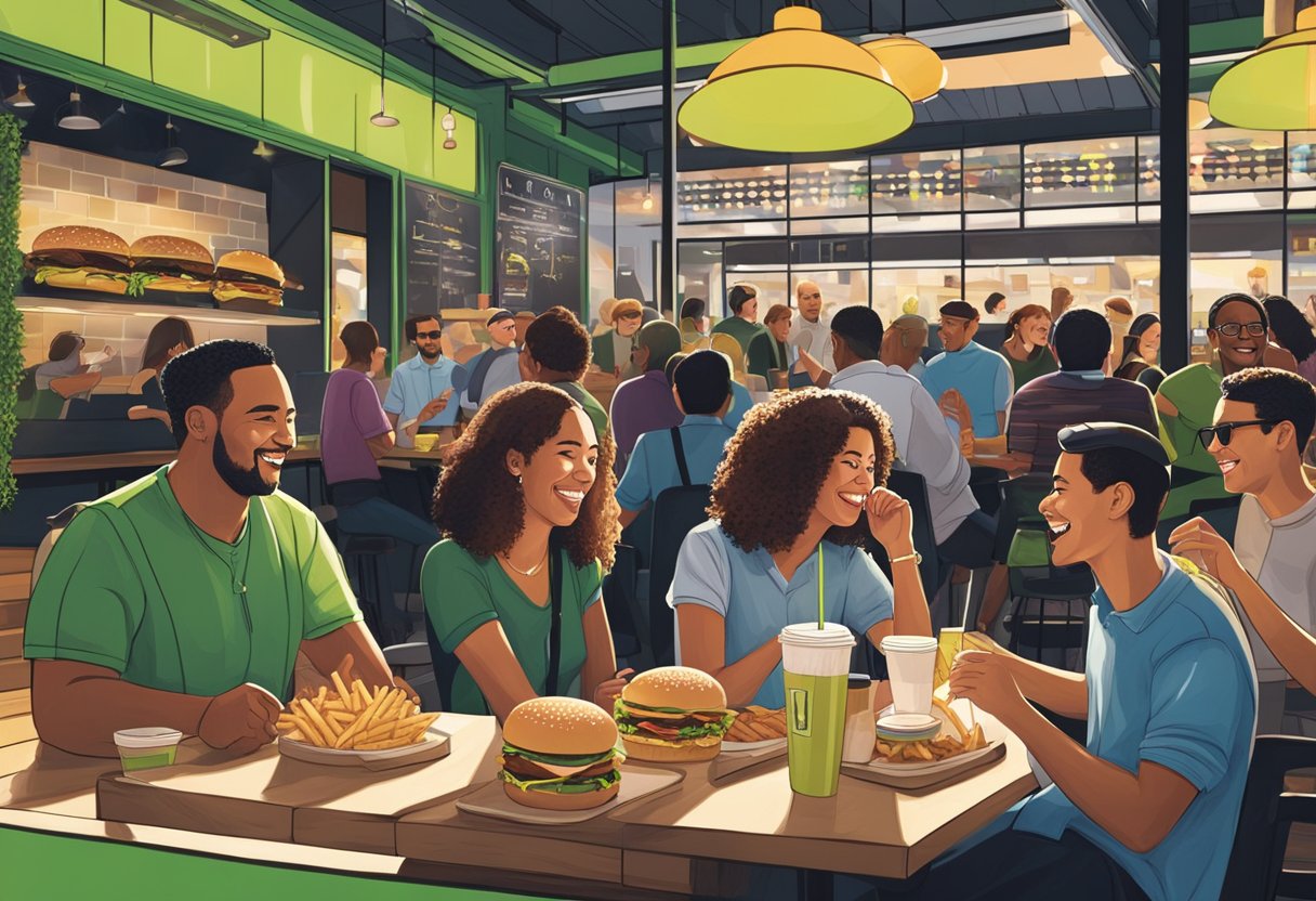 Customers enjoying burgers and fries at Shake Shack. Tables filled with delicious food and drinks. Vibrant atmosphere with people chatting and laughing