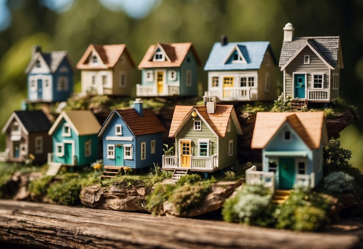 Tiny houses nestled in a picturesque rural setting, surrounded by lush greenery and clear blue skies. A sign displaying "Legality and Zoning Regulations" stands prominently in the foreground