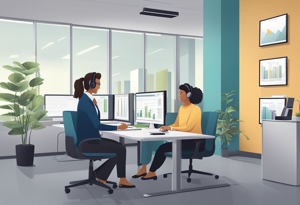 A customer service representative assists a client at a desk in a modern office setting with the company's policies displayed on the wall