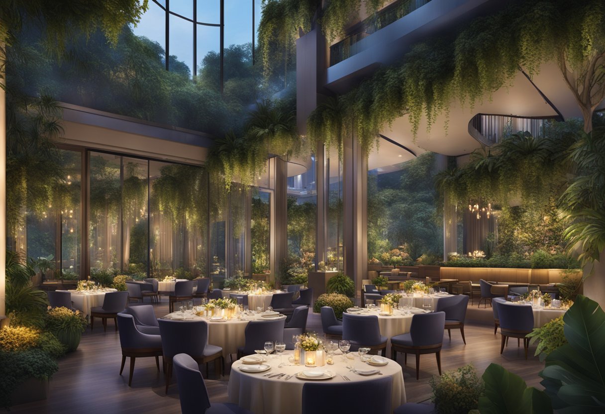 A lavish dining area with elegant decor and comfortable seating, surrounded by lush greenery and soft lighting at Pullman Singapore Hill Street