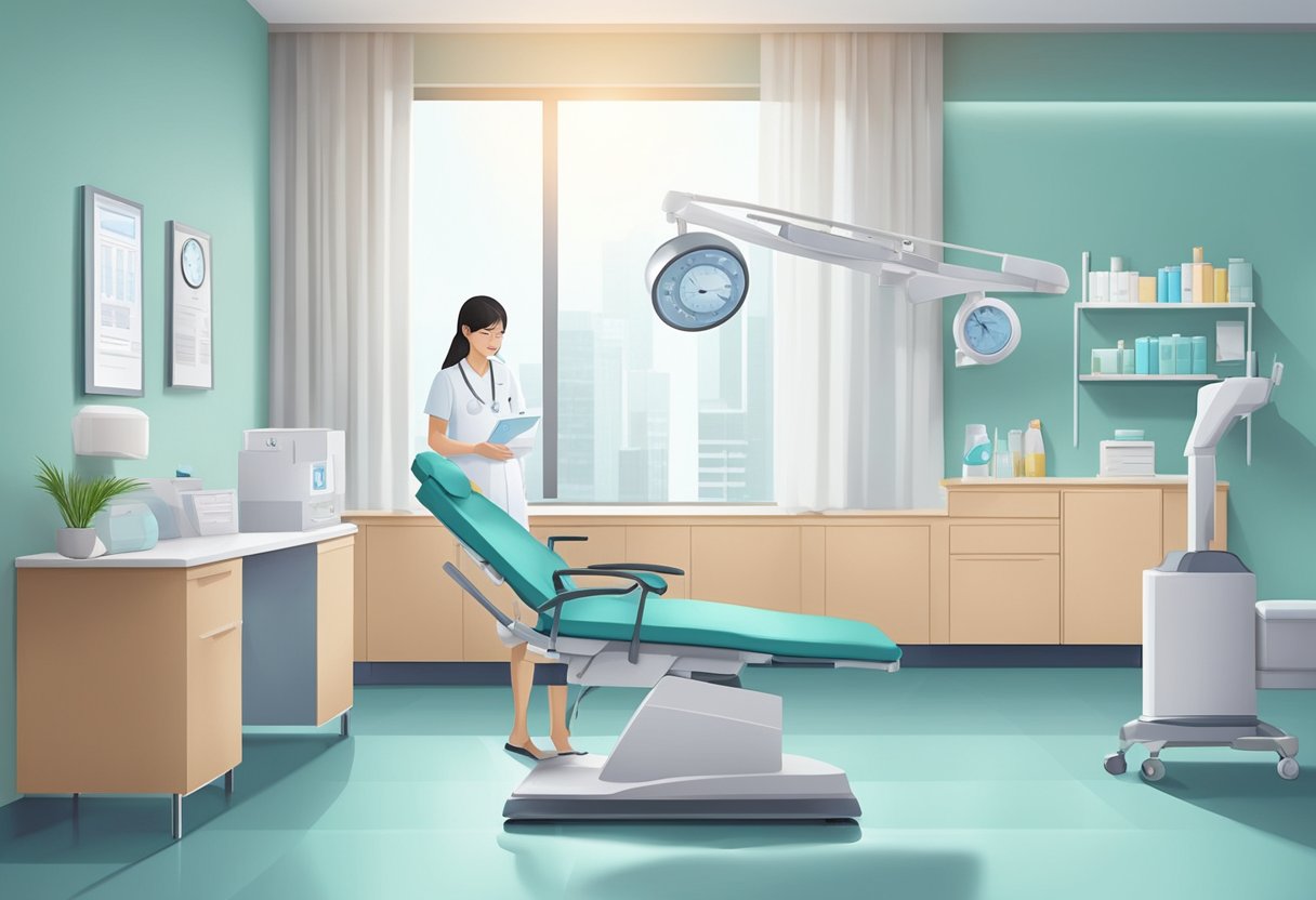 A gynecologist in Singapore providing pregnancy and obstetric services in a modern clinic setting with medical equipment and comfortable seating