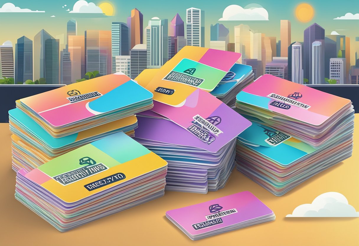 A stack of colorful FAQ cards with "Frequently Asked Questions" and "forty two" printed on them, set against a backdrop of the Singapore skyline