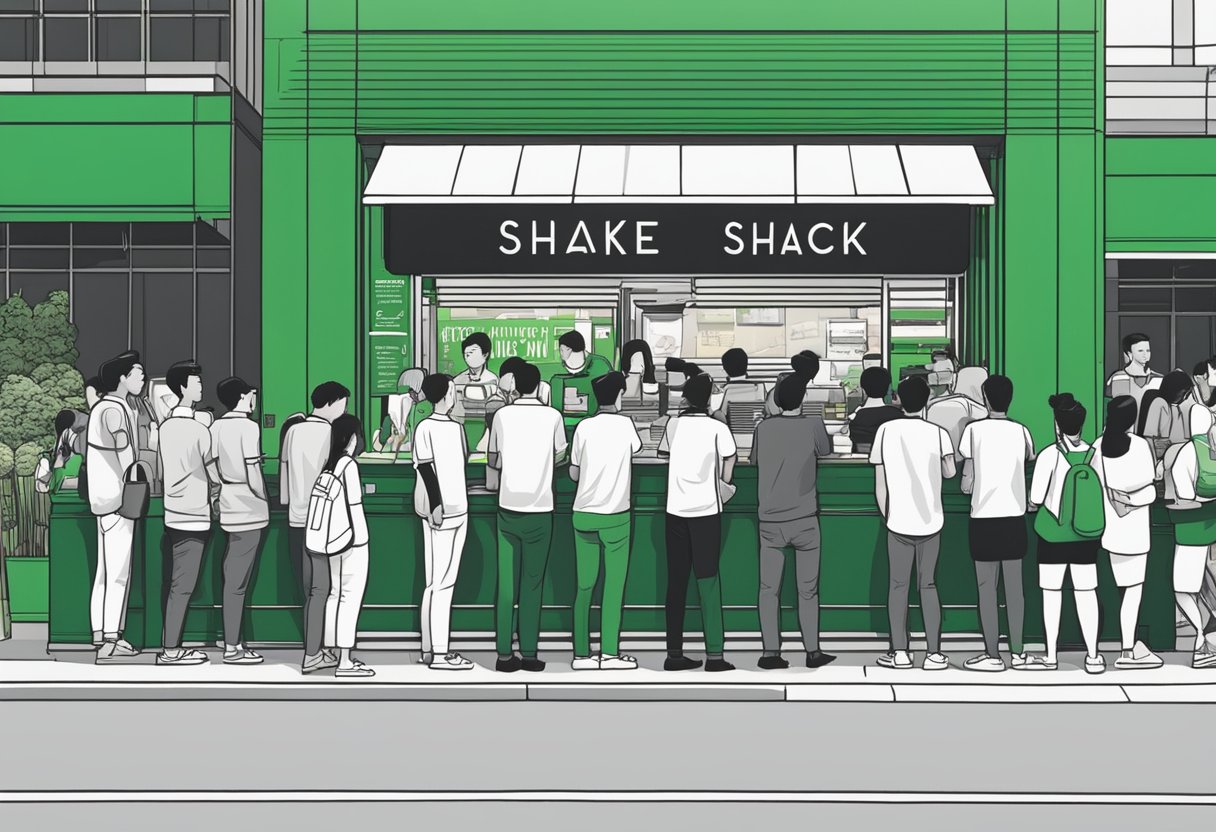 Customers line up outside Shake Shack in Singapore, eagerly awaiting their turn to order. The iconic green and white logo stands out against the modern city backdrop