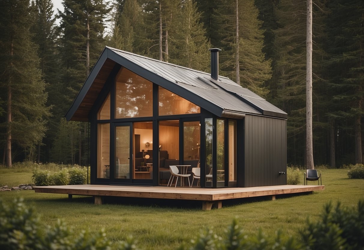 A tiny house nestled in a rural setting, surrounded by trees and nature. It features a compact yet functional design, with a focus on sustainable construction and off-grid living considerations