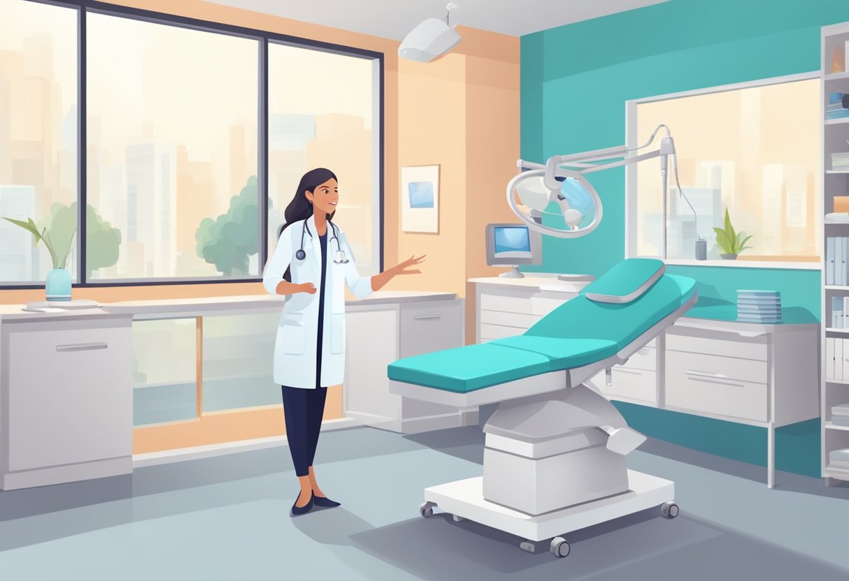 A gynecologist in a clean and modern clinic, answering questions from patients in a comfortable and professional manner