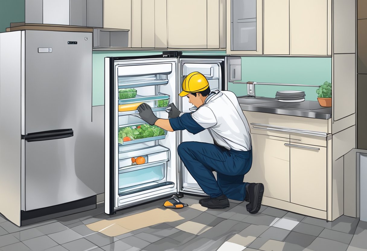 A technician fixing a broken fridge in a Singaporean kitchen