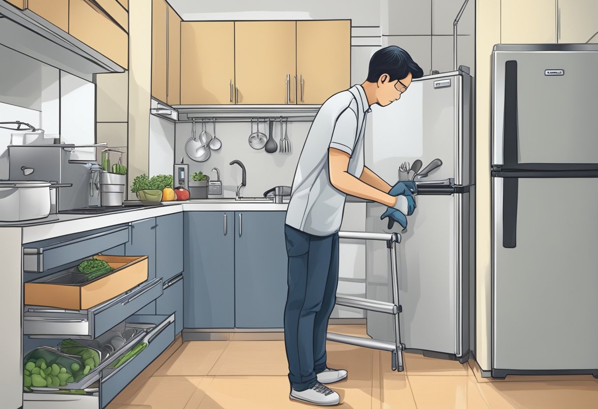 A technician fixing a fridge with tools and equipment in a Singaporean kitchen