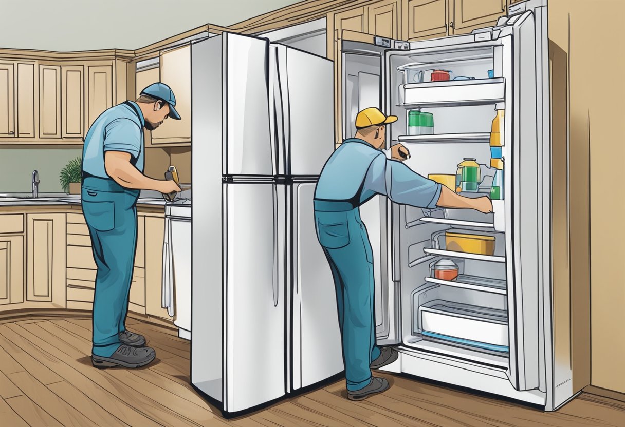 A technician carefully examines a faulty fridge, tools in hand, while a concerned homeowner looks on