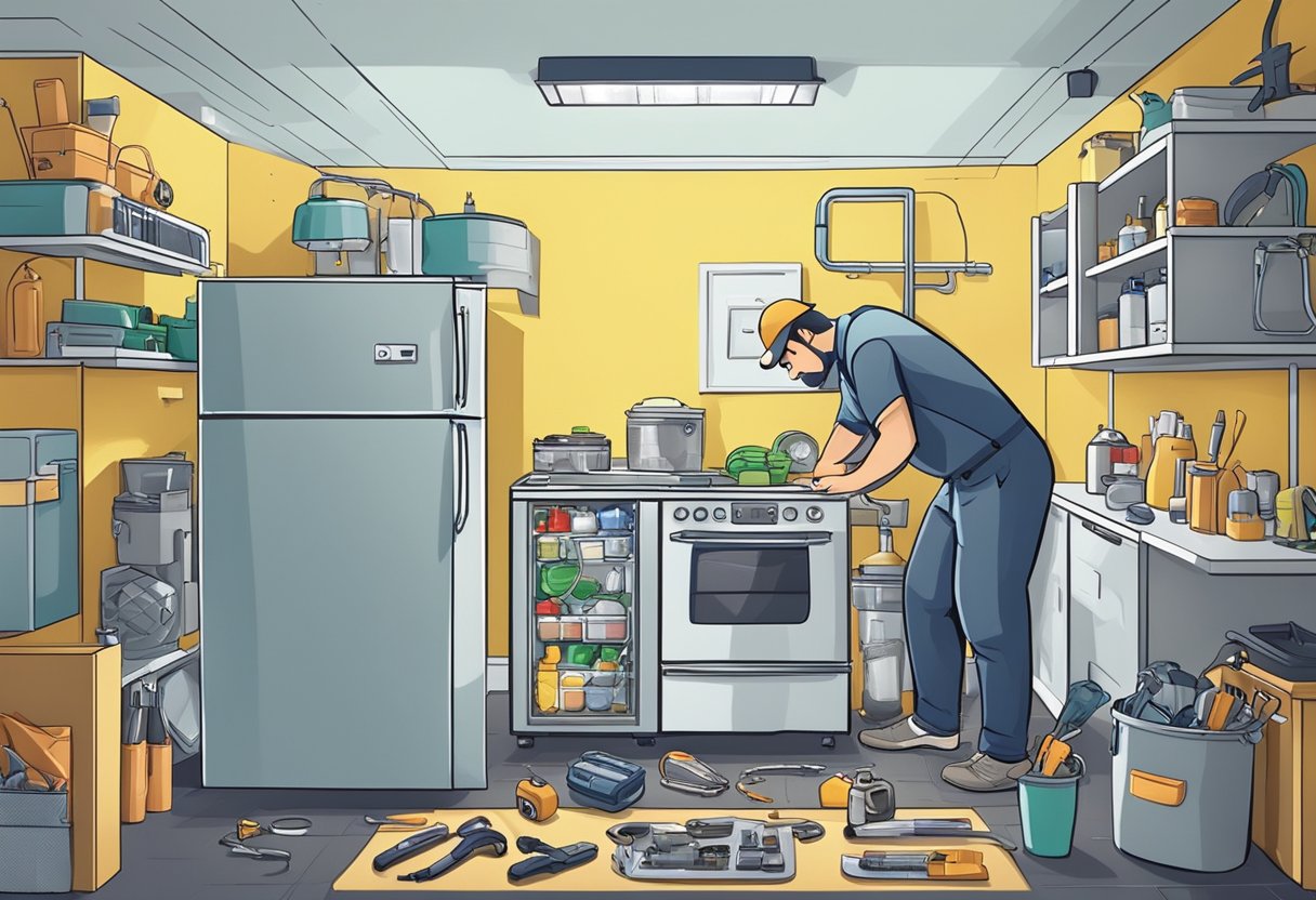 A technician repairing a fridge with tools and spare parts scattered around