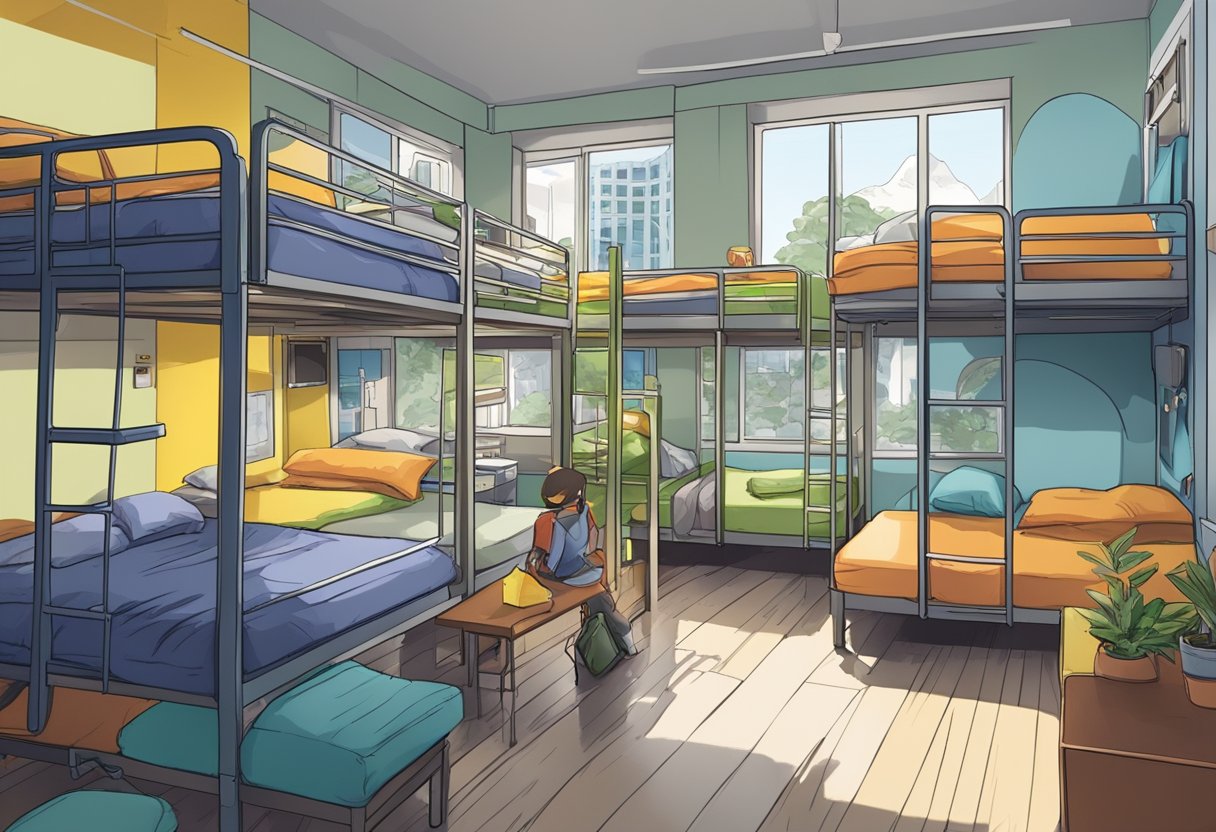 A bustling hostel in Singapore with colorful bunk beds, travelers chatting, and a map-covered wall