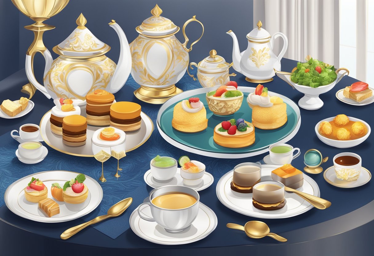 A table set with elegant halal high tea spread in a luxurious Singapore setting