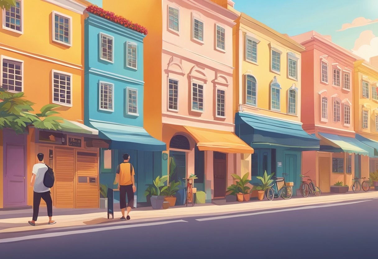 A traveler stands in front of a row of colorful buildings, each displaying a sign for a different hostel in Singapore. The sun is setting, casting a warm glow on the bustling street