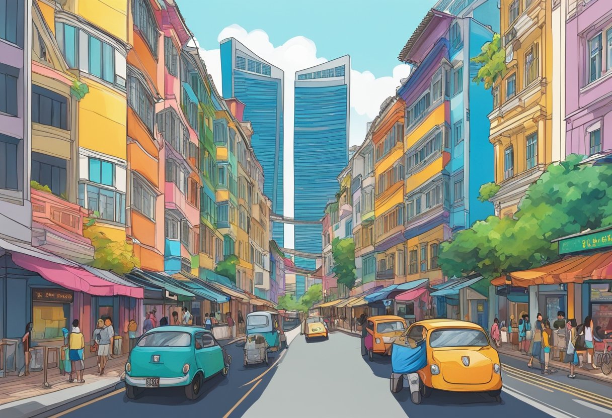 A bustling street in Singapore, with colorful shophouses and vibrant street art. The iconic Marina Bay Sands can be seen in the distance, and the atmosphere is filled with the energy of urban exploration