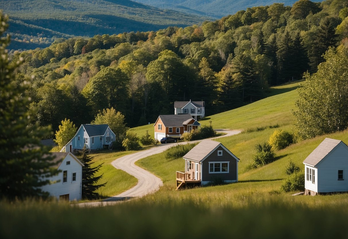 Tiny houses dot a picturesque New Hampshire landscape, nestled among lush greenery and rolling hills, with a clear blue sky above