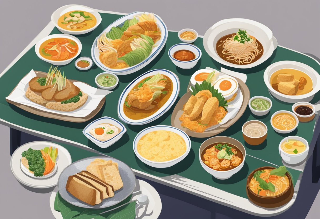 A variety of Singaporean dishes displayed on a mini buffet table. Colorful plates of Hainanese chicken rice, laksa, and kaya toast are arranged neatly