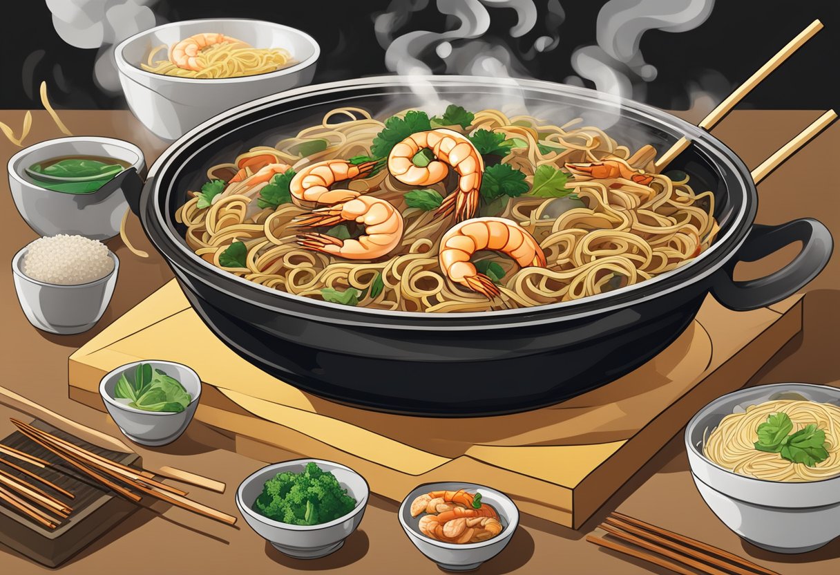A sizzling wok of Hokkien mee, with prawns, squid, and noodles, surrounded by steam and the aroma of rich, savory broth