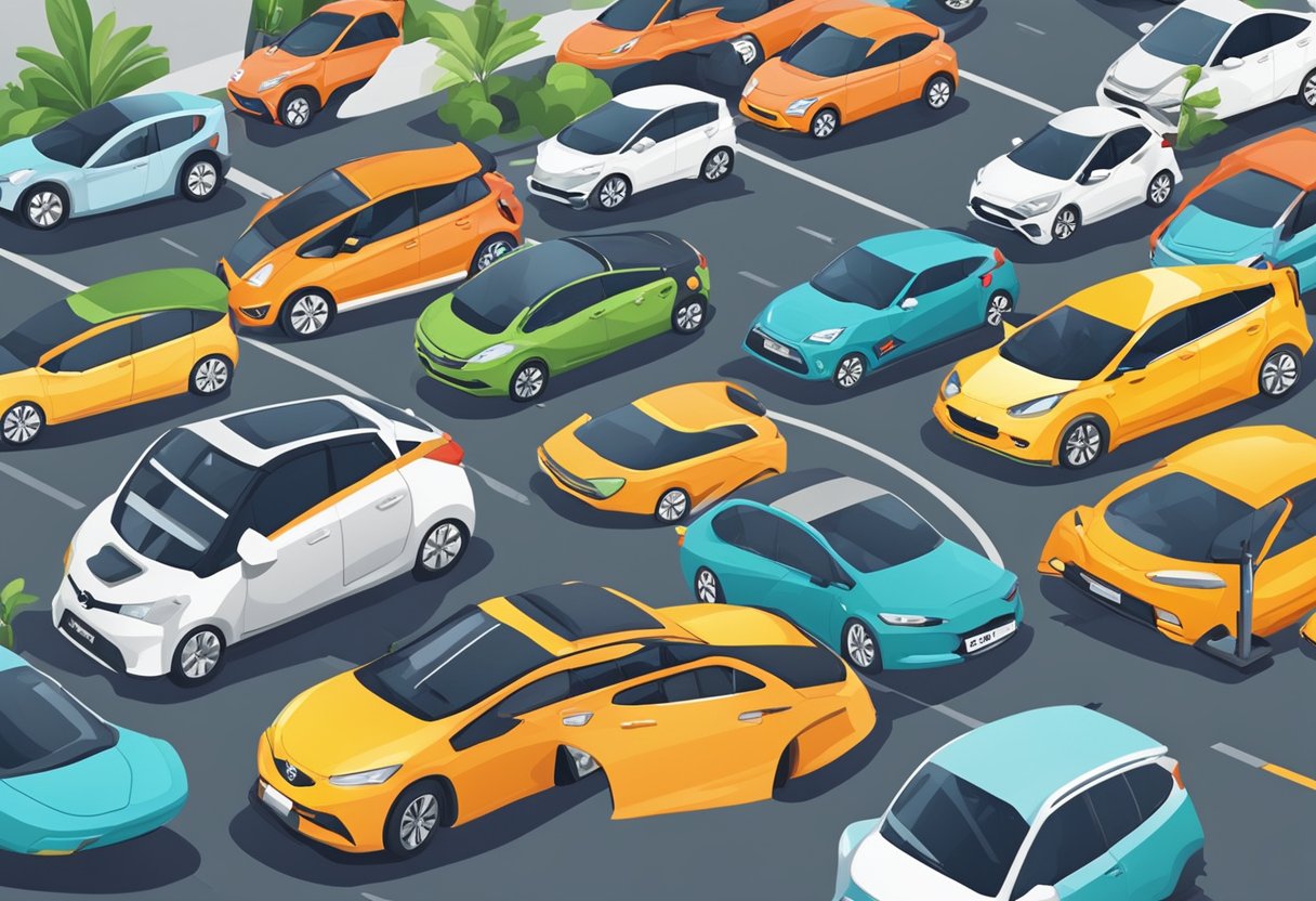 Cars lined up in a designated car-sharing parking lot in Singapore. A diverse range of vehicles, from compact cars to electric cars, are available for rent