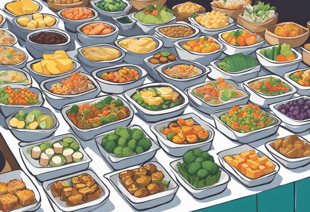 Guests selecting from a variety of mini buffet options at a Singaporean event. Tables are filled with colorful and delicious bite-sized dishes, creating a vibrant and inviting atmosphere
