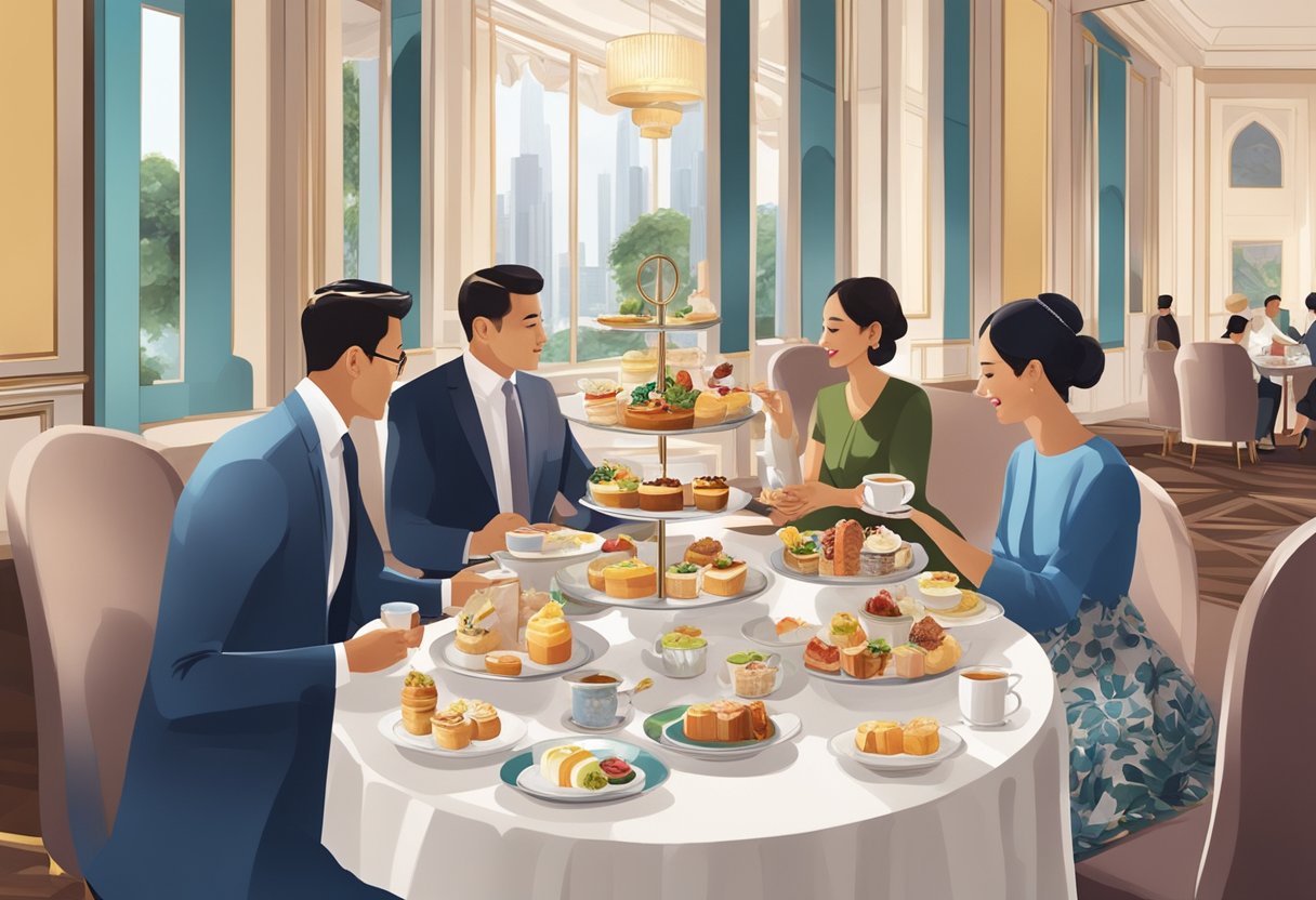 Guests enjoying a variety of halal high tea delicacies in a stylish and elegant setting in Singapore