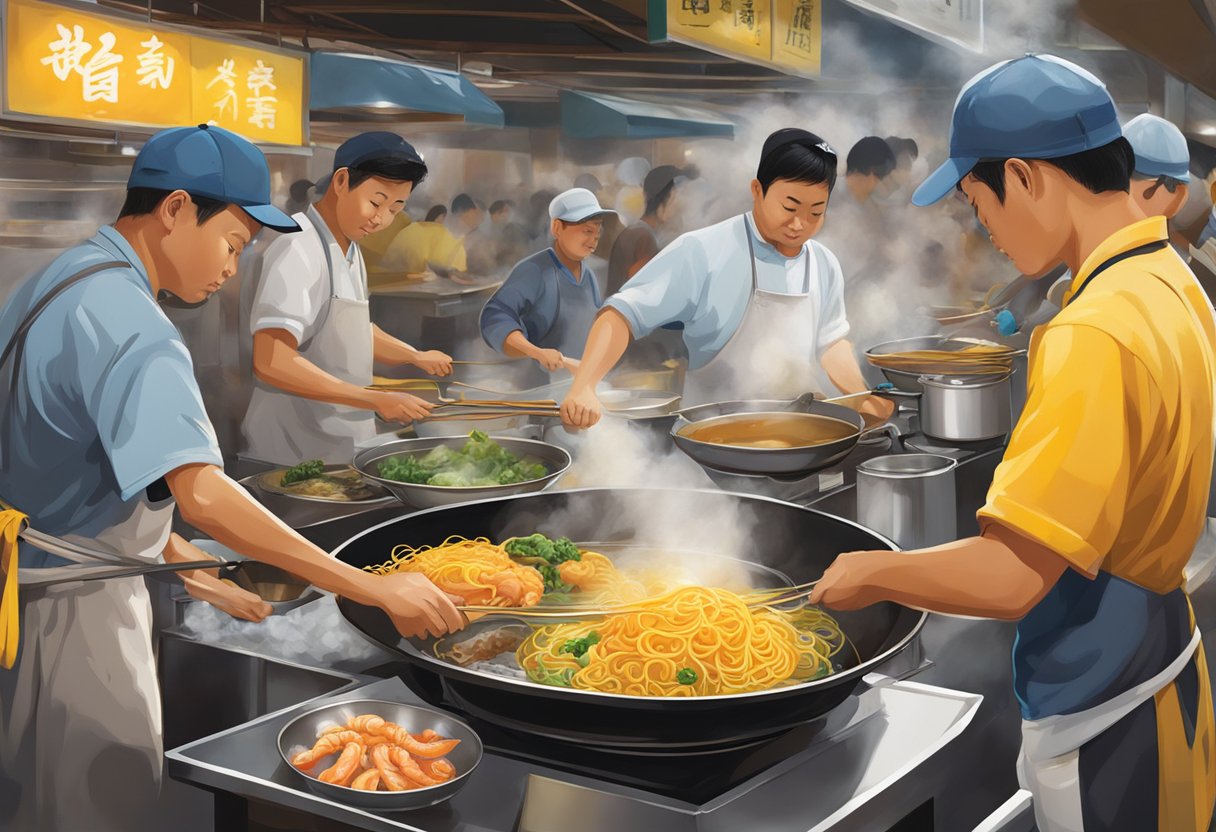 A sizzling wok tosses yellow noodles, prawns, and squid in a fragrant, savory sauce. Steam rises as the dish takes shape in the bustling hawker center