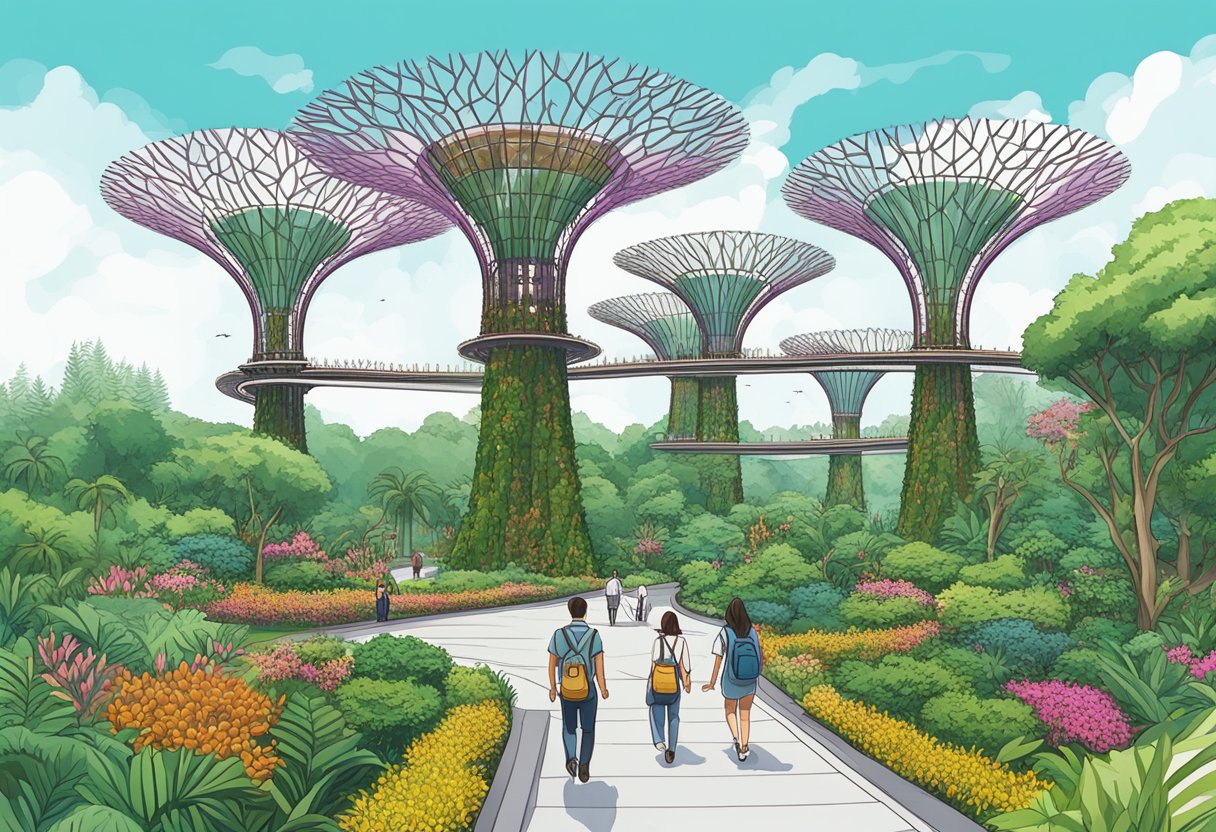 A couple strolling through the lush gardens of Gardens by the Bay, with the iconic Supertree Grove in the background