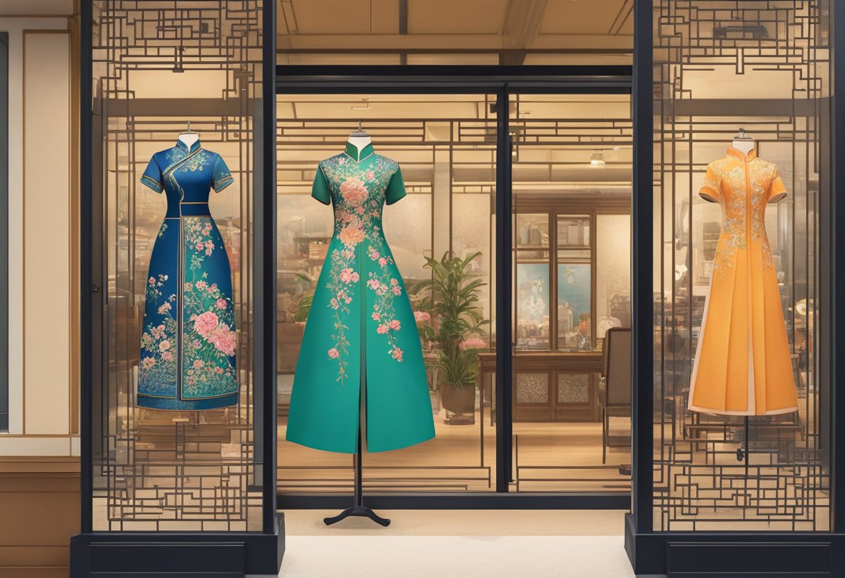 A vibrant cheongsam hangs in a Singaporean shop window, adorned with intricate floral patterns and delicate embroidery. The traditional dress exudes elegance and cultural heritage