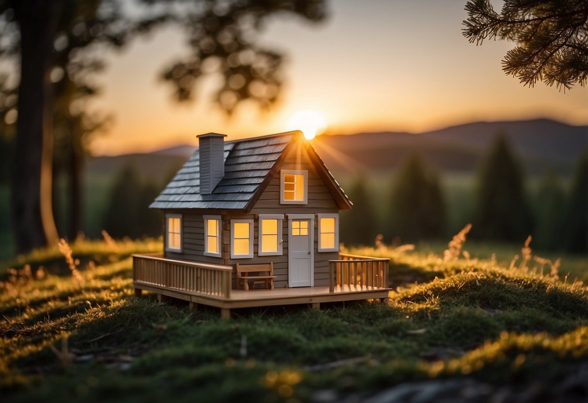 A tiny house sits on a grassy plot, surrounded by trees. The sun sets in the background, casting a warm glow on the small, cozy dwelling