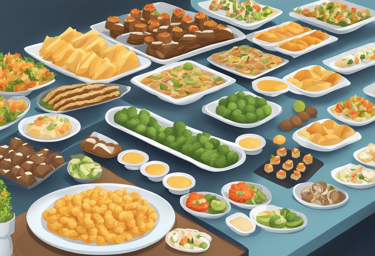 A well-organized mini buffet setup with a variety of food options, neatly arranged on a table with elegant serving dishes and utensils