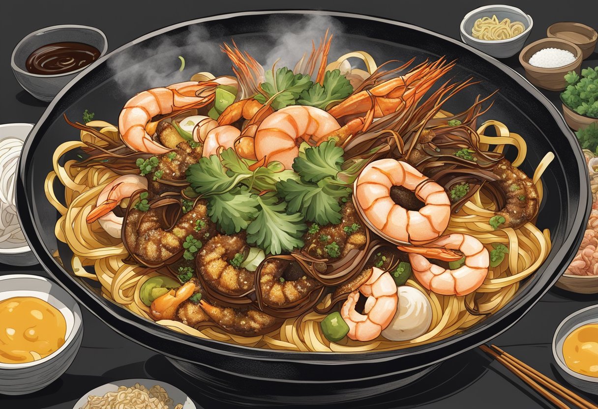 A sizzling wok tosses together thick yellow noodles, succulent prawns, tender squid, and fragrant garlic, enveloped in a rich, dark soy sauce. Steam rises as the aroma of smoky charred goodness fills the air