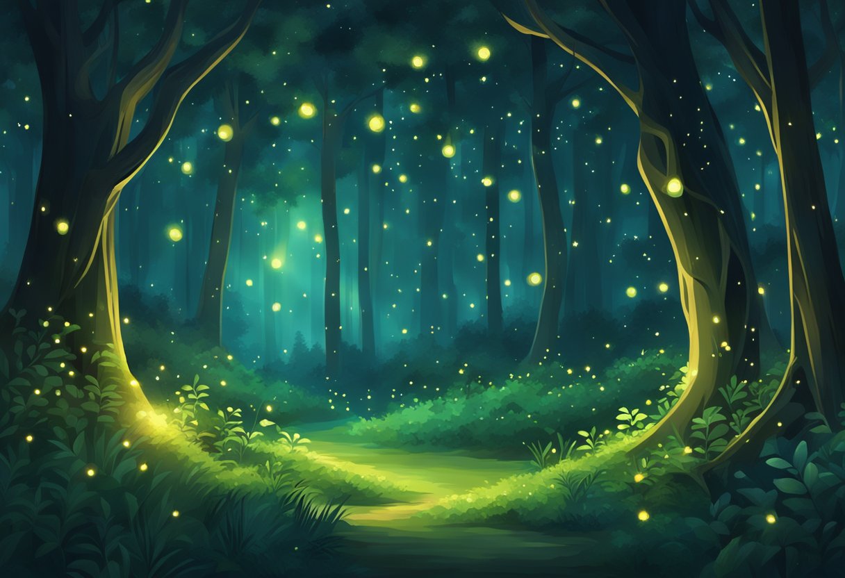 A lush green forest at night, with fireflies illuminating the dark with their soft, flickering lights, creating a magical and enchanting scene